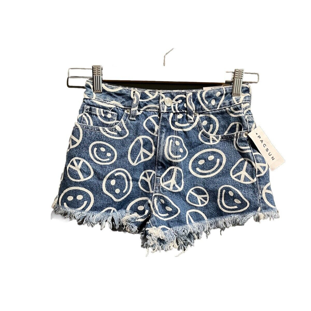 Pacsun High Rise Festival‎ Smiley Face Cutoff Denim Women's Jeans Shorts Size 24